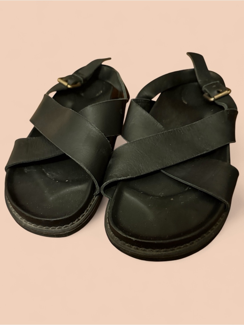 Liberte Black Leather Crisscross Buckle Sandals - Women's